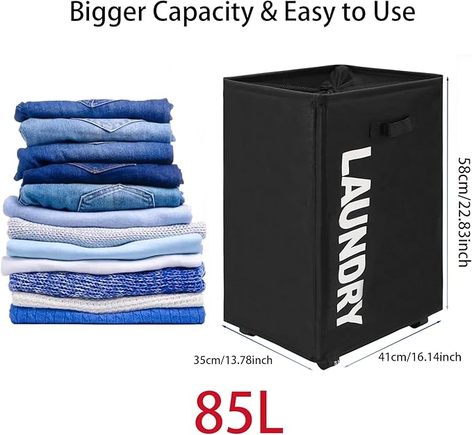 Laundry Hamper with Wheels 85L Large Collapsible Laundry Basket, Waterproof Dirty Clothes Hamper with Mesh Bag for Dorm Room Storage, Foldable Narrow Corner Clothes Storage Bins, Black