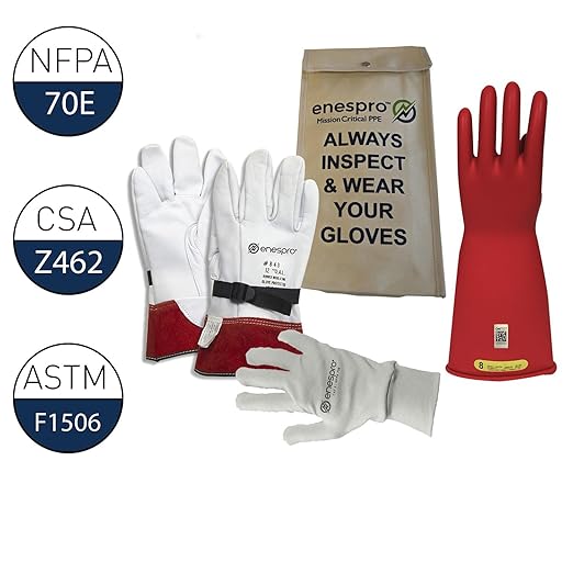 Enespro Class 2 Red Rubber Voltage Insulating Glove Premium Kit with FR Knit Glove and Leather Protectors, Max. Use Voltage 17,000V AC/ 25,500V DC, KITGC2R08AG