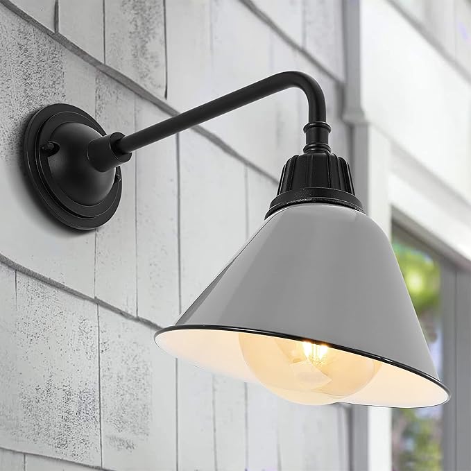JONATHAN Y JYL7612D Croydon 9.63" 1-Light Farmhouse Industrial Indoor/Outdoor Iron LED Gooseneck Arm Outdoor Sconce Metal Bell Shade Vintage Cottage Rustic Porch Patio Yard Barn, Gray