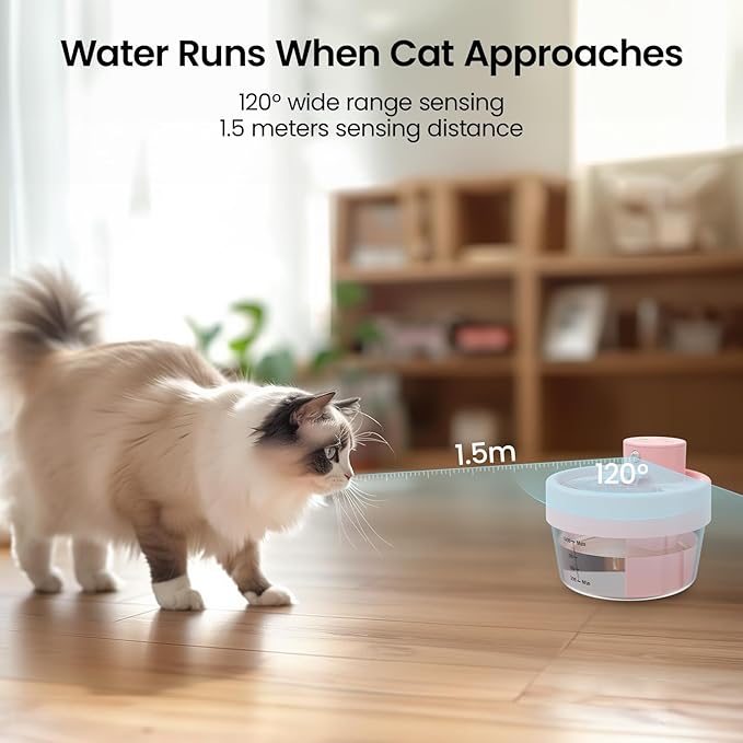 MASBRILL Cat Water Fountain, 1L Wireless Water Fountains for Cats Indoor - Battery Operated Cat Fountains for Drinking with Filter/Motion Sensor/Silent Pump