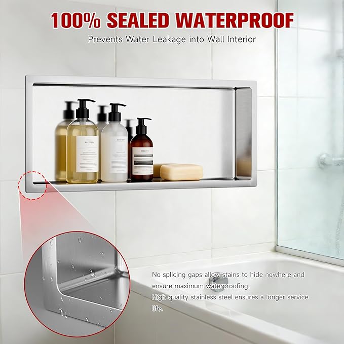 No Tile Needed Shower Niche 13"X 31", Bathroom Wall Niche Single Shelf, Stainless Steel Shower Niche for Bathroom, Kitchens, Balconies
