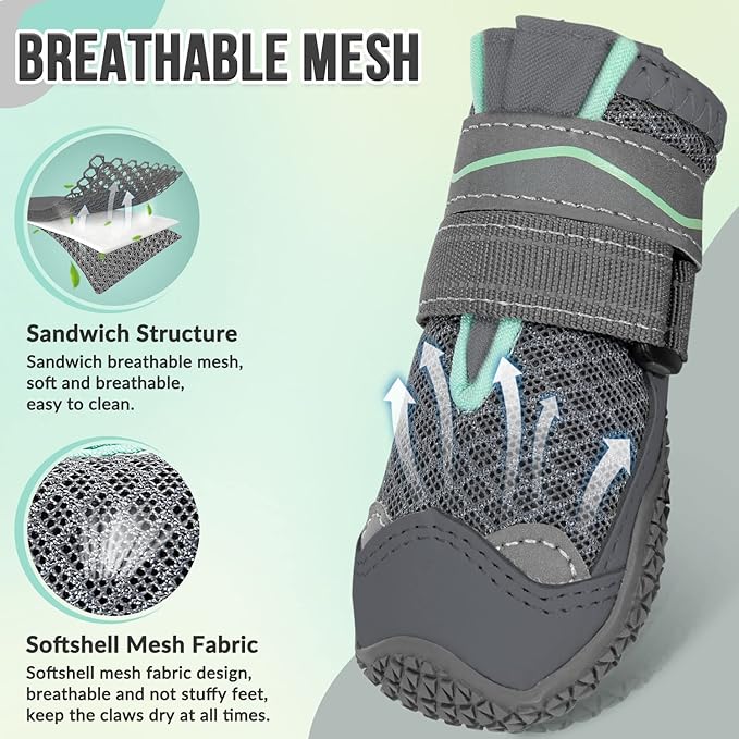 SlowTon Dog Shoes for Large Small Medium Dogs - Breathable Dog Boots for Summer Hot Pavement, Paw Protector for Outdoor Walking Winter Snow, Anti-Slip Rubber Dog Booties for Hardwood Floor (GY, 1)