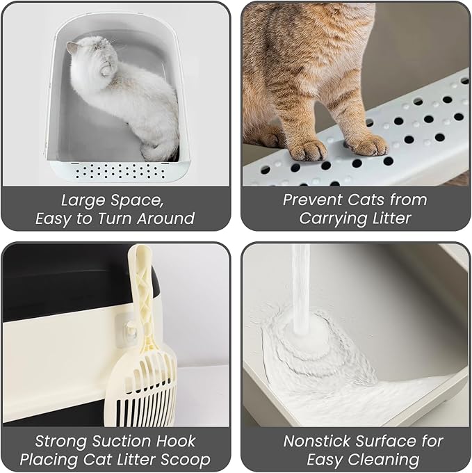 Enclosed Litter Box with Front Door Flap and Scoop, Covered Kitty Litter Box with Handle and Buckles for Portability and Privacy (Shining Black)