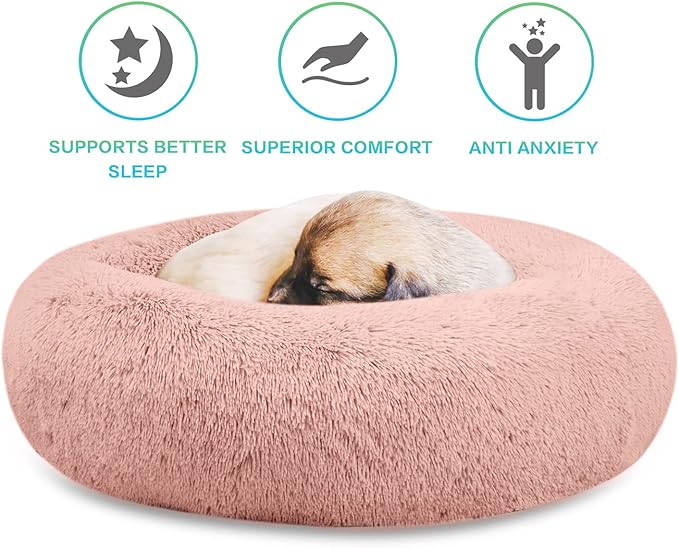 SAVFOX 23 inches Calming Donut Dog Bed - 3X Durable Plush Faux Fur, Machine Washable & Non-Slip, Fits up to 25 lbs, Pink