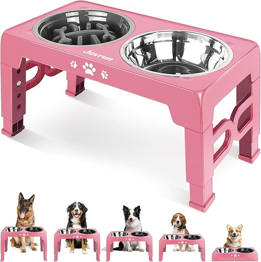 Elevated Dog Bowls for Medium Size Dogs, Non-Slip Dog Feeder with 1*Stainless Steel Dishes & 1*Slow Feeder Bowl, 5 Heights Adjustable Raised Bowls to 3.15″-8.66″-9.84″-11.02″-12.2″