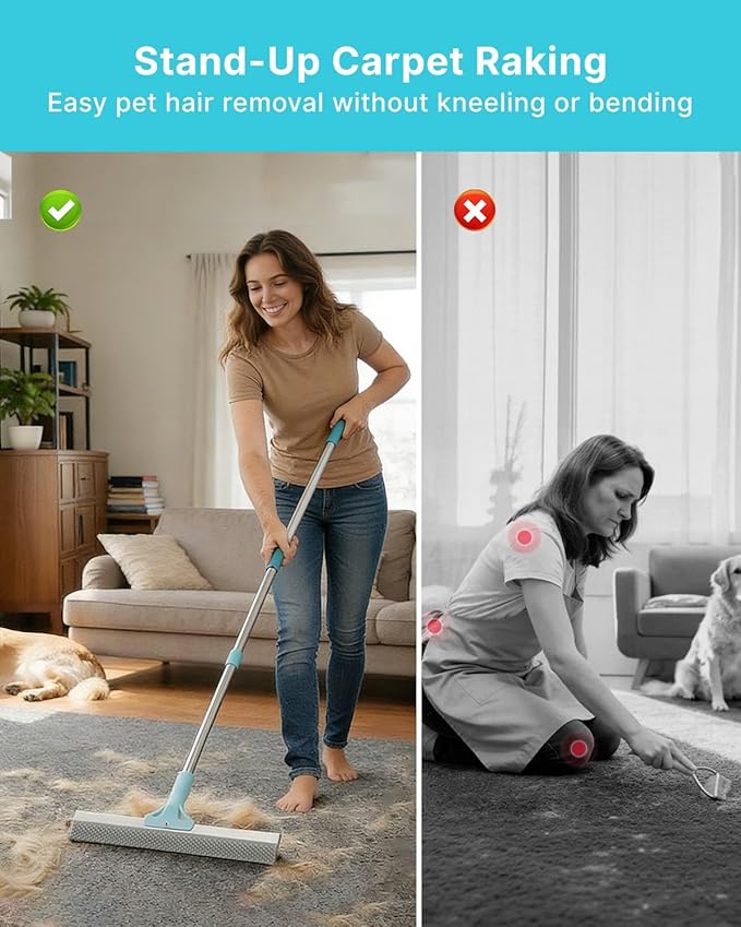 Carpet Rake for Pet Hair Removal Tool, Upgraded Reusable Carpet Scraper Broom with 54” Adjustable Long Handle, Premium Sturdy Cat & Dog Hair Remover Carpet Brush for Rugs, Mats, Couch