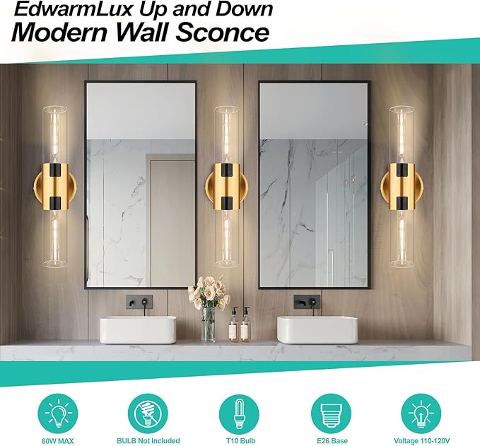 2-Light Bathroom Vanity Light Fixtures, 17.5" Indoor Wall Sconce with Clear Glass, Modern Cylinder Wall Lights for Bathroom, Bedroom, Hallway, Stairways, Living Room (Brushed Gold)