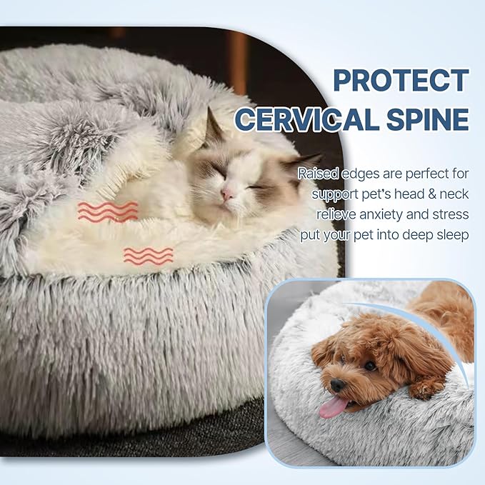 Cat Beds for Indoor Cats,Plush Hooded Cat Cave for Puppy Kitty Small Dog Bed,Removable Washable Non-Slip Bottom Self Warming Round Fluffy Faux Fur Super Soft Calming Sleeping Pet Bed(Gray)
