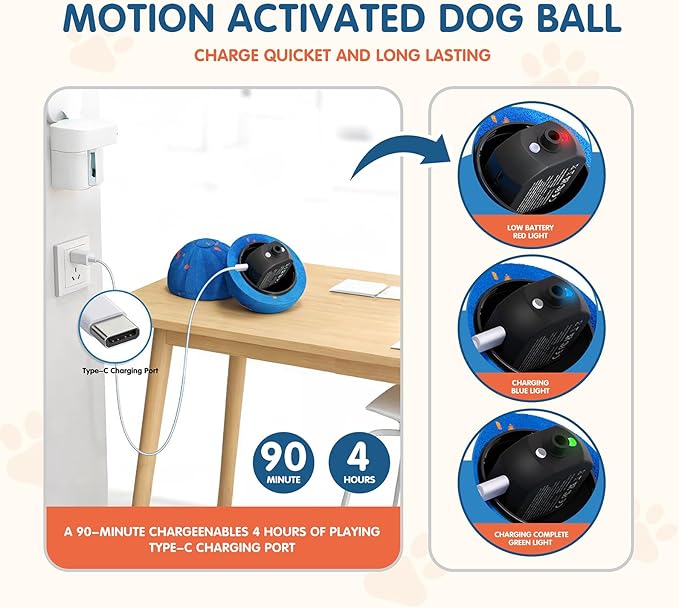 Smart Interactive Dog Toys,Vibrating Dog Ball,Automatic Moving/Bouncing/Rotating,Water Resistant Balls for Medium Large Dogs - Chase Pet Toys to Keep Them Busy (Orange)
