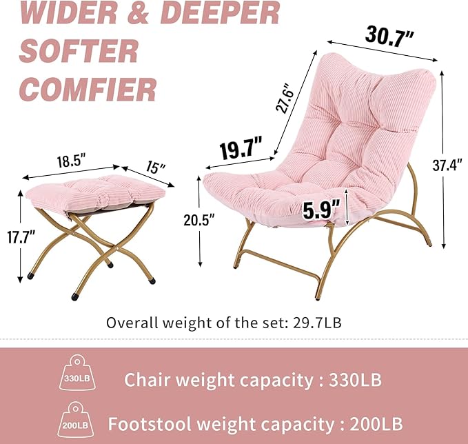 Welnow Modern Accent Chair with Ottoman, Upholstered Comfy Lounge Recliner Sofa, Thick Cushion Oversized Lazy Reading Chair with Footrest for Living Room, Bedroom, Apartment, Office, Dorm, Pink