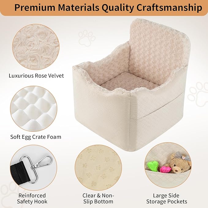 Dog Car Seat for Small Medium Dogs - 6.7inch Elevated Dog Booster Car Seats with Deluxe Rose Plush, Washable Travel Safety Pet Carseat Bed with 2 Safety Belts and Storage Pockets(Beige)