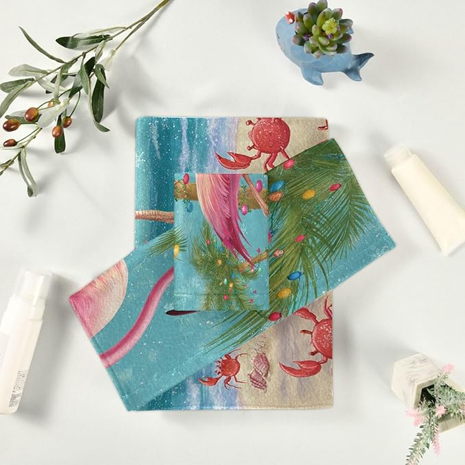 Pfrewn Christmas Winter Towels Set of 3 Christmas Tropical Flamingo Palm Tree Crab Bathroom Towel Soft Absorbent Bath Hand Towels Washcloth Guest Towel Sets Xmas Holiday Decor