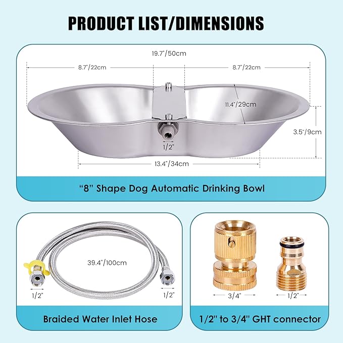 Automatic Dog Waterer Outdoor 2 Gallon Large Stainless Steel Water Bowl Dispenser Auto Fill Livestock Water Trough for Dogs Cats Chicken Horse Farm Animal