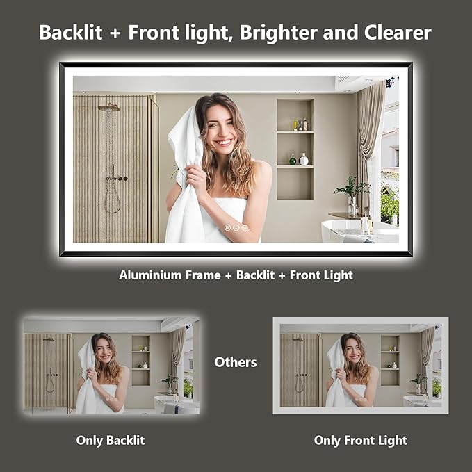 88x38 Black Framed LED Bathroom Mirror with Lights, Backlit and Front Light, Lighted Bathroom Vanity Mirror for Wall Dimmable Anti-Fog Memory Tempered Glass Horizontal/Vertical
