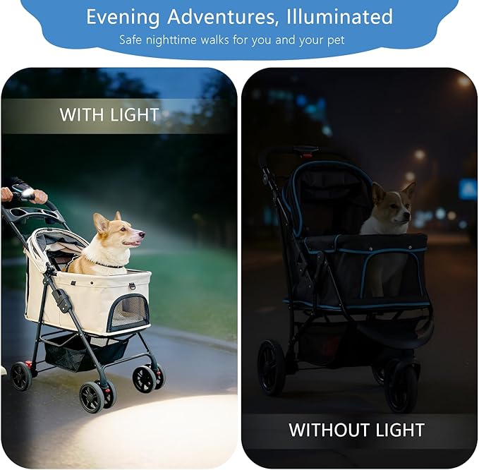 Pet Stroller Light, Solar Powered LED Light for Dog Stroller, Cat Stroller, Wagon – 3 Modes (S/H/F) with Safety Horn, USB Rechargeable, IPX4 Waterproof, Wrap & Hook Strap for Easy Attachment