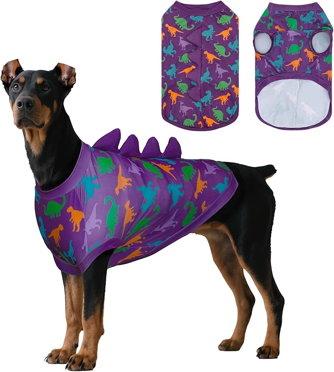 UPF 50+ Sun Protection Dog Shirt - Sleeveless Cooling Vest for Large Dogs Boy, Quick-Dry Pet T-Shirt with Funny Dinosaur Horns, UV Protective Breathable Dog Clothes U-COSBX01XL