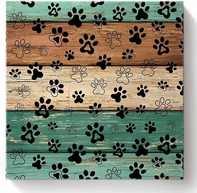 Framed Canvas Wall Art for Living Room Dog Paw Print Wall Decor, Retro Brown Sage Green Wood Grain Aesthetic Paintings for Bedroom Office Kitchen Bathroom, Ready to Hang Wall Pictures 12x12 Inch