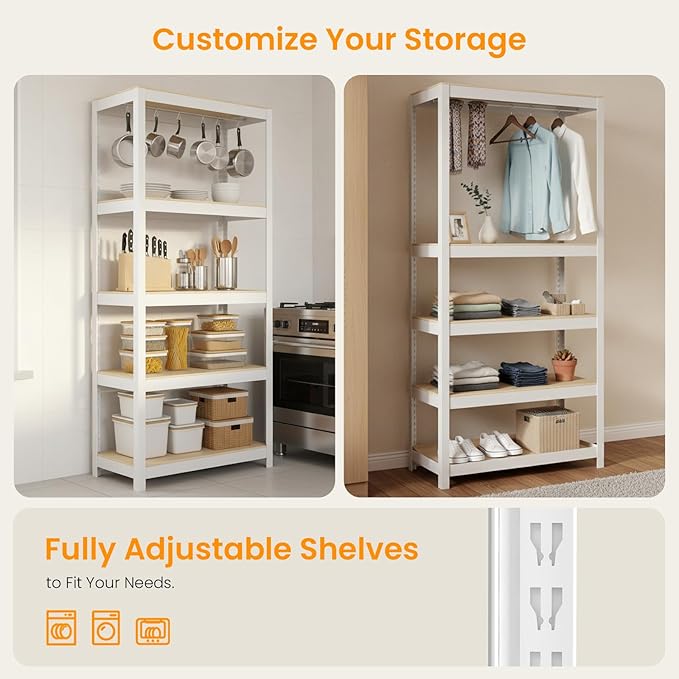 5 Tier Metal Shelves Unit, Adjustable Pantry Organizers and Storage Shelves, Shelving Unit for Closet with Clothes Rod, Storage Rack for Pantry, Laundry, Kitchen - White& Wood Color