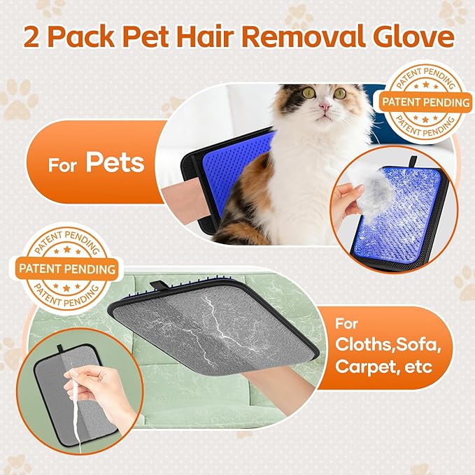 2 Pack Pet Hair Removal Glove, Pet Hair Remover Tool with 496 Silicone Tips, Gentle Shedding Brushes for Dogs & Cats, Efficient Pet Hair Gloves for Couch Carpet Clothing