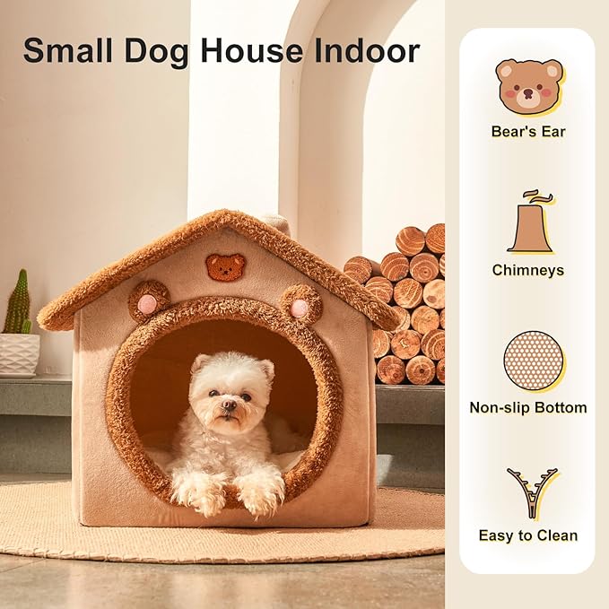 JIUPETY Dog House Dog Bed with Cover Cave with Non-Slip Bottom, M Size Tent Bed for 6-11 Lb Dogs and 9-17 Lb Cats, Brown