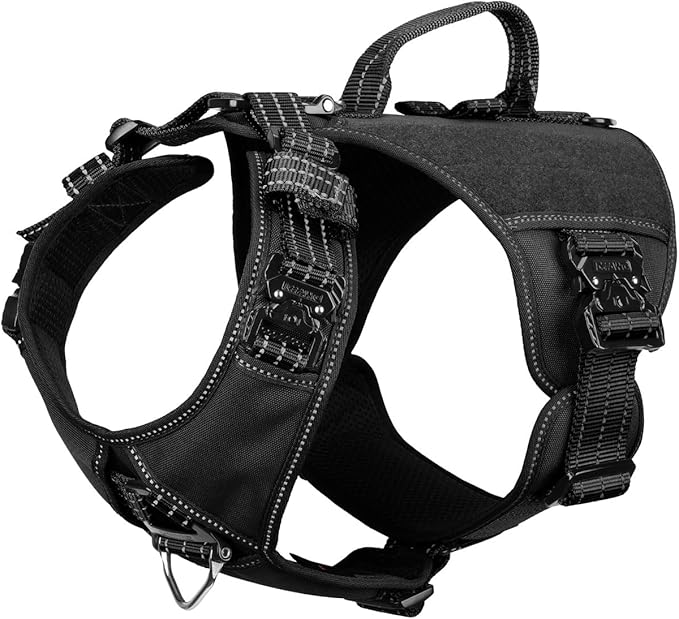 ICEFANG GN8 Tactical Dog Harness with 4X Metal Buckles for X-Large Sized Dogs,Reflective in Training Walking K9 Vest,No-Pull Front Leash Clip,Adjustable Pet Harness (Black, X-Large (Pack of 1))