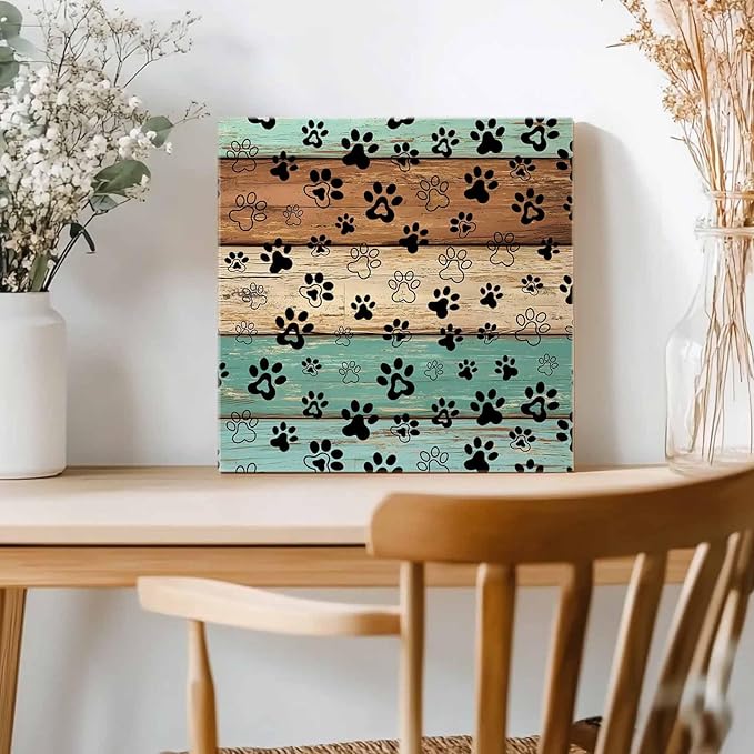 Framed Canvas Wall Art for Living Room Dog Paw Print Wall Decor, Retro Brown Teal Green Wood Grain Aesthetic Paintings for Bedroom Office Kitchen Bathroom, Ready to Hang Wall Pictures 24x24 Inch