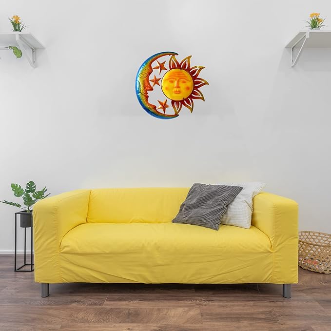 Large 19 Inch Metal Sun Moon Star Wall Art Decor, Bright Color Inspirational Celestial Decor, Resistant to Rust Metal Sculpture Hanging for Indoor Outdoor Home Living Room Office Yard Garden