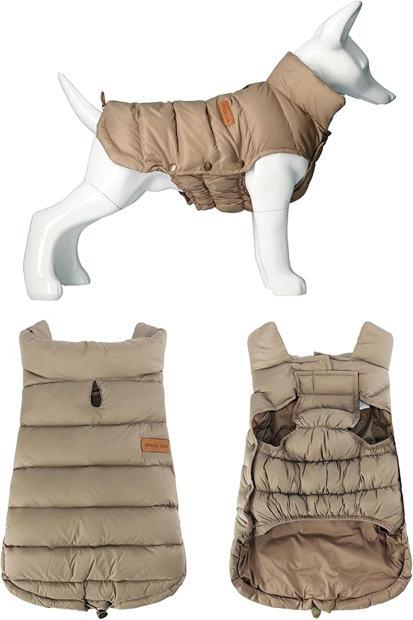 SPACE LION Dog Puffer Jacket, Down Winter Coat, Durable Outdoor Coat for Cold and Windy Conditions, Lightweight & Adjustable Fit Coats for Small Dogs, (Khaki, Size8/XS)