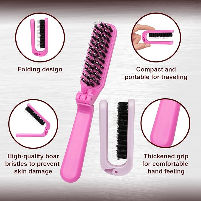 2 Pack Foldable Hair Brush Travel Hairbrush, Boar Bristle Hair Brush Portable Collapsible Pocket Comb for Women and Men, Suitable for Travel, Purse, Anti-Static Design (Hot Pink & Light Pink)