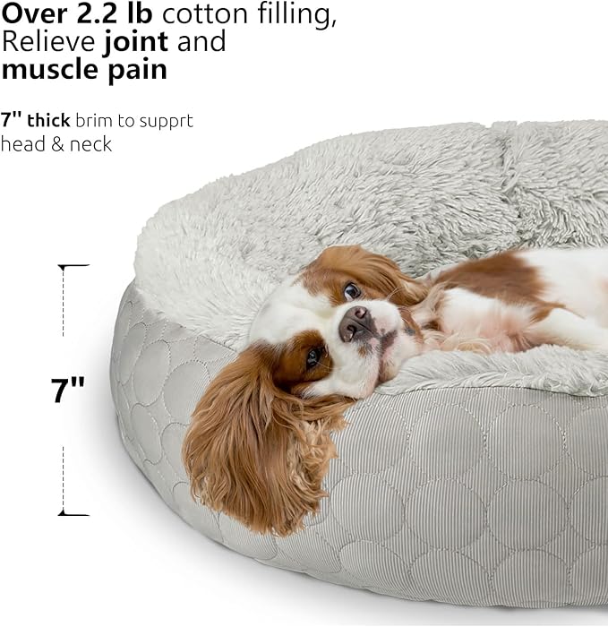 Hachikitty Dog Donut Round Calming Bed, Fluffy Bed for Medium Large Dogs, Double Sided with Warm & Cool Sides (24"x24"x7", Grey)