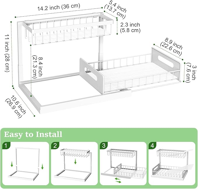 Pull Out Under Sink Organizer, 2-Tier Slide Out Sink Shelf Cabinet Storage for Kitchen Bathroom, White, 1 Pack