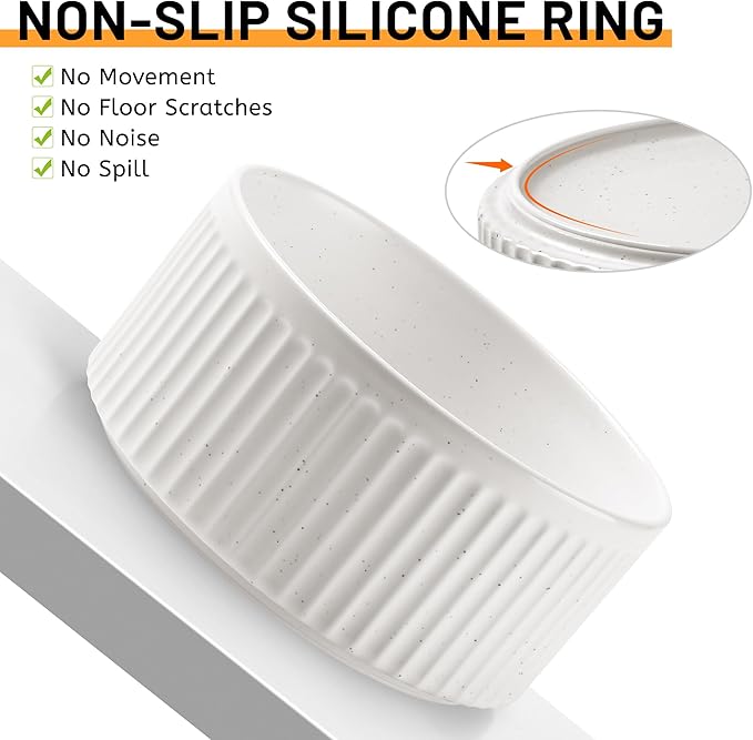 Non-Slip Ceramic Dog Bowls,8" Dog Food and Water Bowl Set with Silicone Base, 64oz/8cups Weighted Flip-Proof Pet Feeding Bowl for Medium and Large Dogs (Large,White)