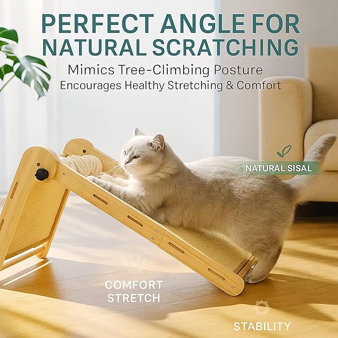 32" Foldable Sisal L Shaped Cat Scratch Pad with Ball Toy, Wooden Cat Scratching Post for Indoor Cats, 180° Angles Cat Scratcher for Indoor Cats, Durable Modern Cat Scratching Board