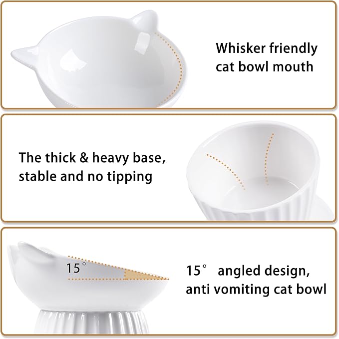 Ceramic Raised Cat Bowl，Tilted Raised Cat Bowl Anti Vomit Cat Bowls for Indoor Cats Whisker Friendly Pet Feeder for Cats Puppies, Microwave and Dishwasher Safe