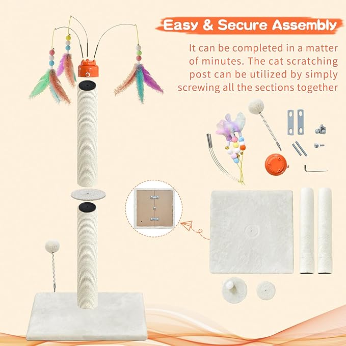 Cat Scratching Post ，41.3" Sisal Rope Cat Scratcher Tall Scratching Post for Indoor Cats Adult with Interactive Cat Toys Automatic Teaser Wand and Rotating Hanging Balls