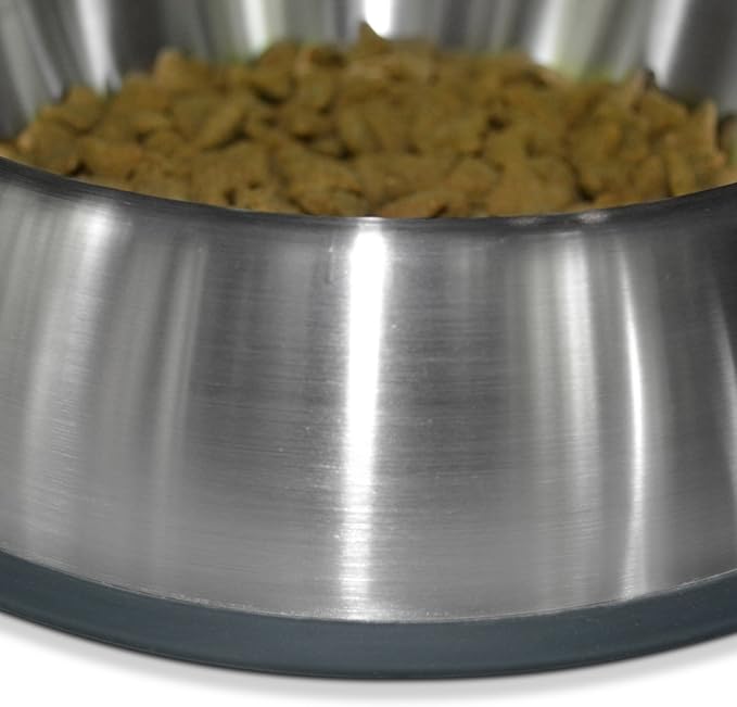 PetFusion Premium Brushed Anti-Tip Dog & Cat Bowls (Set of 2 Bowls). Food Grade Stainless Steel. Bonded Silicone Ring for Traction, Metallic, 32 oz (Pack of 2)