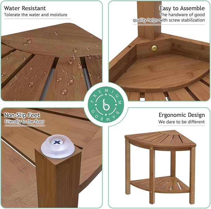 Bamboo Corner Shower Bench Waterproof Stool with Space-Efficient Storage Shelf - Shower Stool Seat for Indoor or Outdoor Use(Walnut)