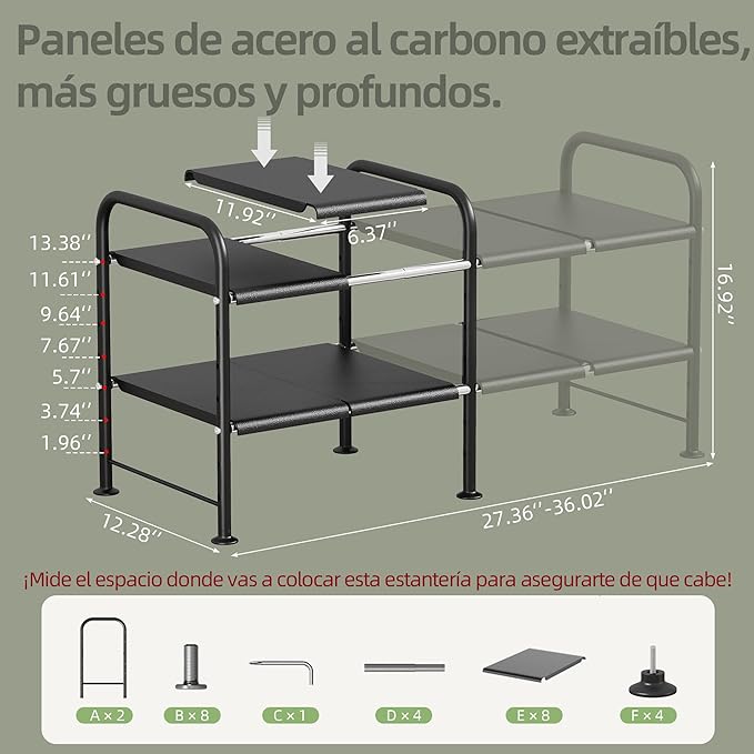 Under Sink Organizers and Storage — 2-Tier Bathroom Sink Cabinet Organizer with 8 Removable Carbon Steel Panels, Height Adjustable, (27.36–36.02)" W × 12.28" D × 16.93" H