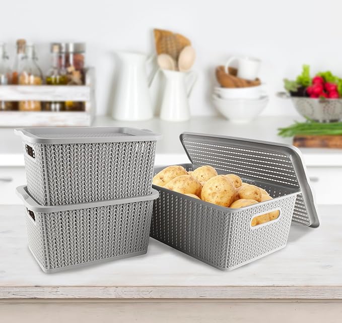 Onion and Potato Storage Bins,Stackable Plastic Pantry Bins with Lids,BPA-Free,Potatos and Onions Storage Baskets for Kitchen (Gray-3 Pack)