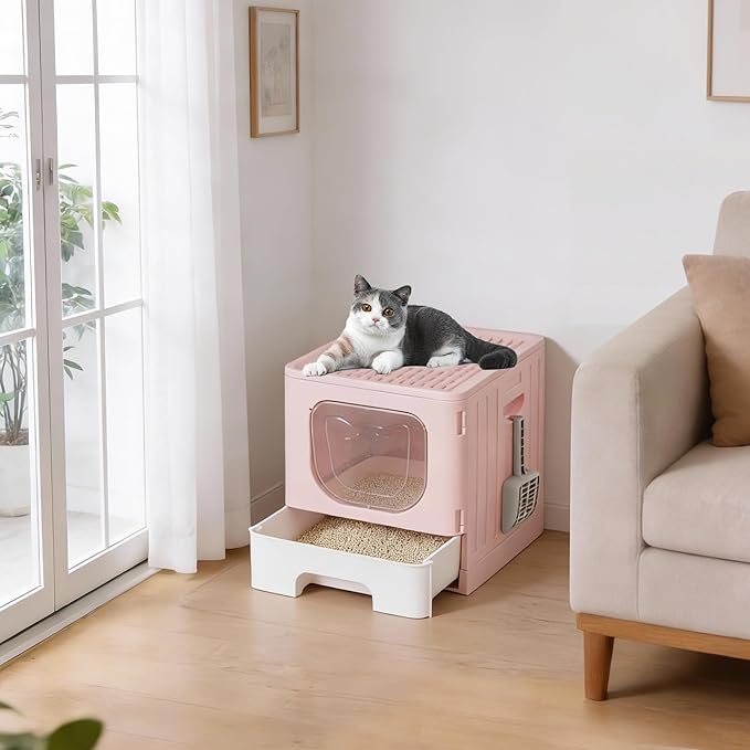 Cat Litter Box with Scoop, Large Foldable Litter Box with Lid & Drawer Tray, Front Visible Entry Top Exit Kitty Box, Odor Control, Easy to Clean