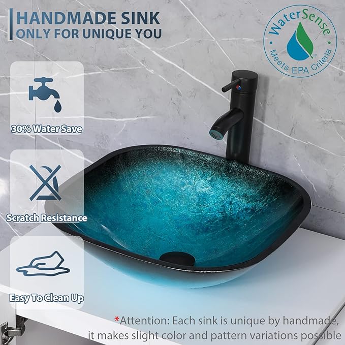 eclife 36" Modern Bathroom Vanity Sink Combo Freestanding Cabinet with Small Side Cabinet, Turquoise Square Glass Vessel Sink, Water Save Faucet, Drain (Black+A10)