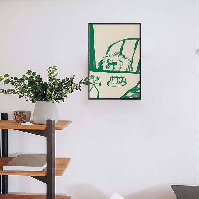 Funny Sneaky Dog Poster Abstract Coffee Breakfast Canvas Wall Art Modern Minimalist Animal Sketch Artwork Prints Painting For Living Room Kitchen Dining Room Wall Decor 12x16in Framed