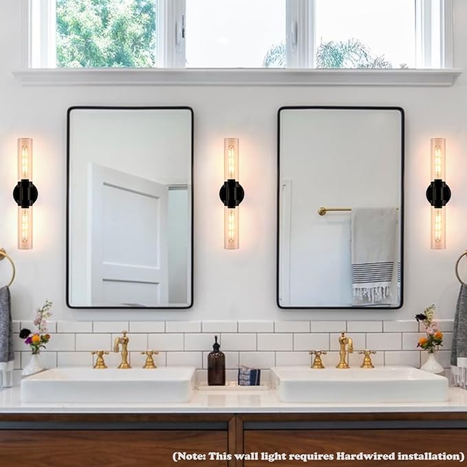 Farmhouse Black Wall Sconce 2-Light Cylinder Bathroom Vanity Lights with Clear Glass Shade 20-Inch Modern Matte Black Glass Sconces Wall Lighting for Bedroom Hallway Staircase