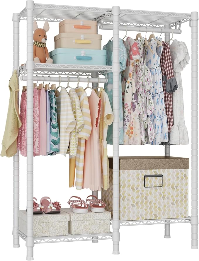 Ulif F1 Garment Rack for Kids, Baby, Students, and Children's Room, 4 Tiers Freestanding and Portable Heavy Duty Closets, Small Metal Clothes Rack with 2 Hanging Rod, 31.2" W x 11.8" D x 48" H, White