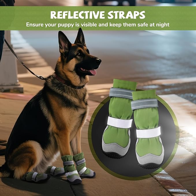 Winter Dog Snow Boots with Fleece Lining, Dog Shoes for Medium Large Size Dogs, Waterproof Dog Booties and Paw Protectors, Anti-Slip & Reflective Dog Boots for Snow Outdoor, Hiking (Green-Size 8)