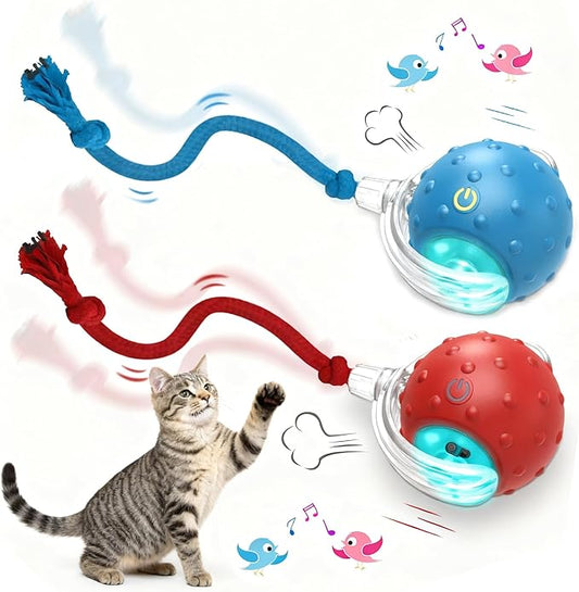 Interactive Cat Toys Ball for Indoor Cats Fast Rolling on Carpet, Chirping & Motion Activate Cat Toys (Blue+Red)