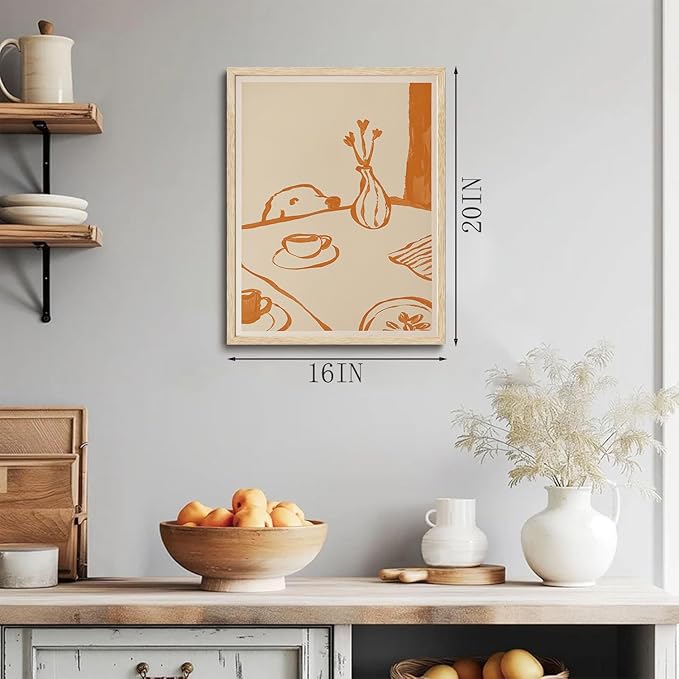 XJYISUO Framed Wall Art Funky Dog Wall Decor Coffee Canvas Art Minimalist Animal Pictures Warm Paintings Modern Neutral Artwork for Kitchen Nursery Living Room