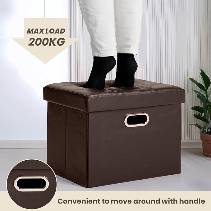 COSYLAND Ottoman with Storage Folding Leather Ottoman Footrest Foot Stool Brown Ottoman for Rooms Small Rectangle Collapsible Bench Furniture with Handles Lid 17x13x13in