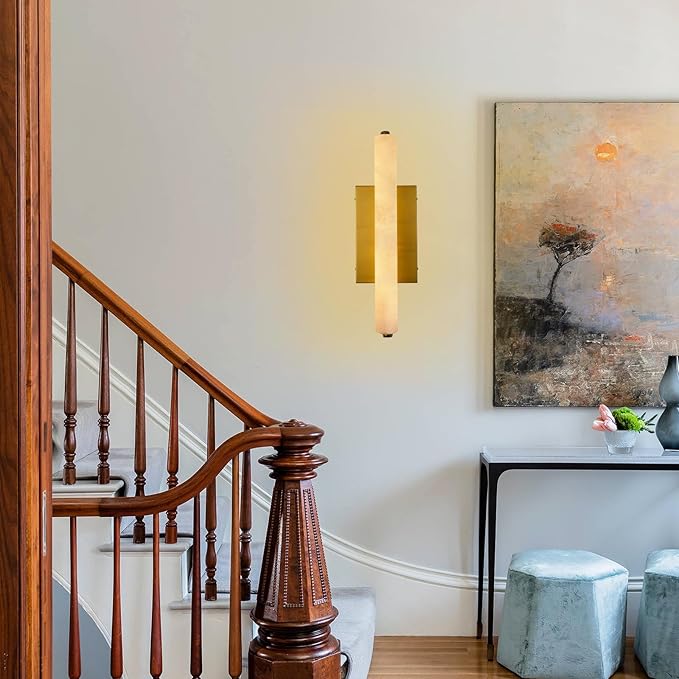 Alabaster Wall Sconces Set of Two, 15" Brass Alabaster Sconce, Spanish Natural Marble Bathroom Vanity Sconces, Rectangle Modern Sconces Lighting for Bedroom Living Room Staircases Hallway