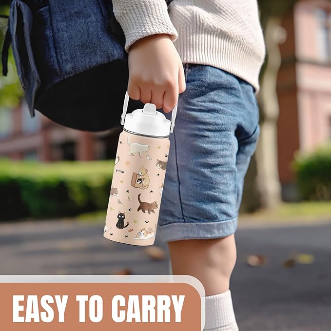 Cat Lover Gifts for Boys Girls, 16 oz Stainless Steel Insulated Water Bottle with Straw Lid, Cats Water Bottle for Cat Lovers, Cute Cat Tumbler for Birthday Christmas (1pcs)